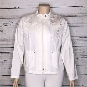 Lane Bryant NWT Size 20 Off White Embroidered Roll-Tab Sleeves Zip Front Jacket